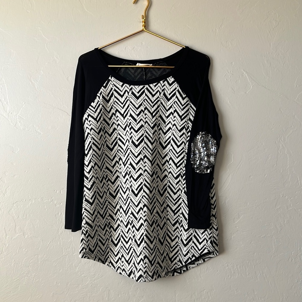 a. gain Black and White Chevron Baseball Style Shirt with Elbow Patches
